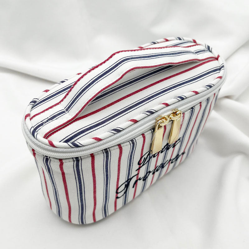 Fresh & Minimalist Mini Handled Makeup Pouch - Yarn-Dyed Stripe Cotton, Touch-Up & Organizer Bag