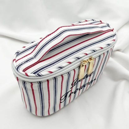 Fresh & Minimalist Mini Handled Makeup Pouch - Yarn-Dyed Stripe Cotton, Touch-Up & Organizer Bag