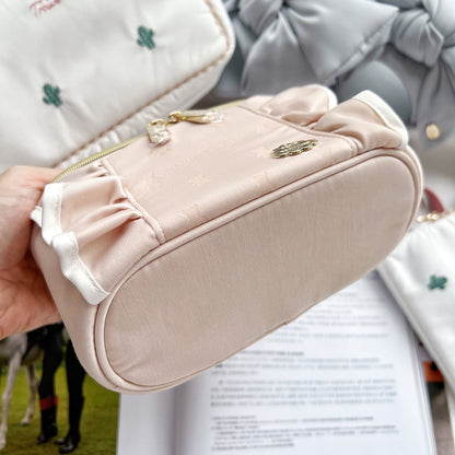 Fresh & Minimalist Solid Color Ruffle Barrel Bag - Top-Handle Small Makeup Pouch