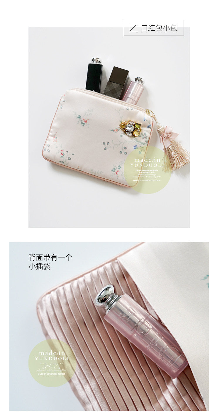 Elegant Silk-Like Cosmetic Bag with Floral Tassels & Rhinestones - Mouth Storage Design