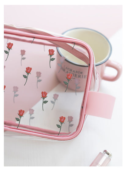 Sweet Lovely Rose Printed Clear Cosmetic Bag - Travel Essential for Makeup Organizing