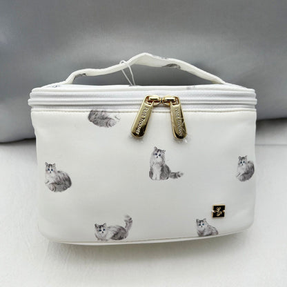 Aloof Cats & Cute Dogs Print Mini Handled Makeup Barrel Bag - Animal Print Organizer Pouch