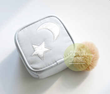 Petit Secret sweet star and moon embroidery cute big fur ball zipper jewelry bag