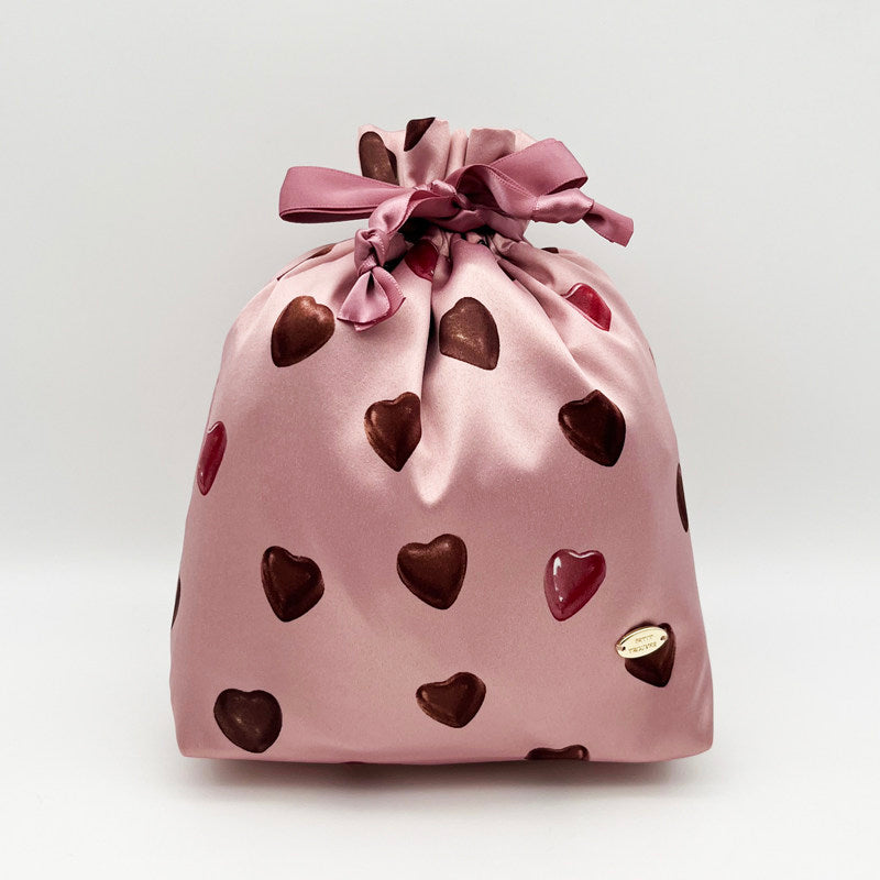 3-Size Pink Drawstring Storage Bag with Cute Chocolate Hearts - Sweet Gift & Organizer Pouch Set