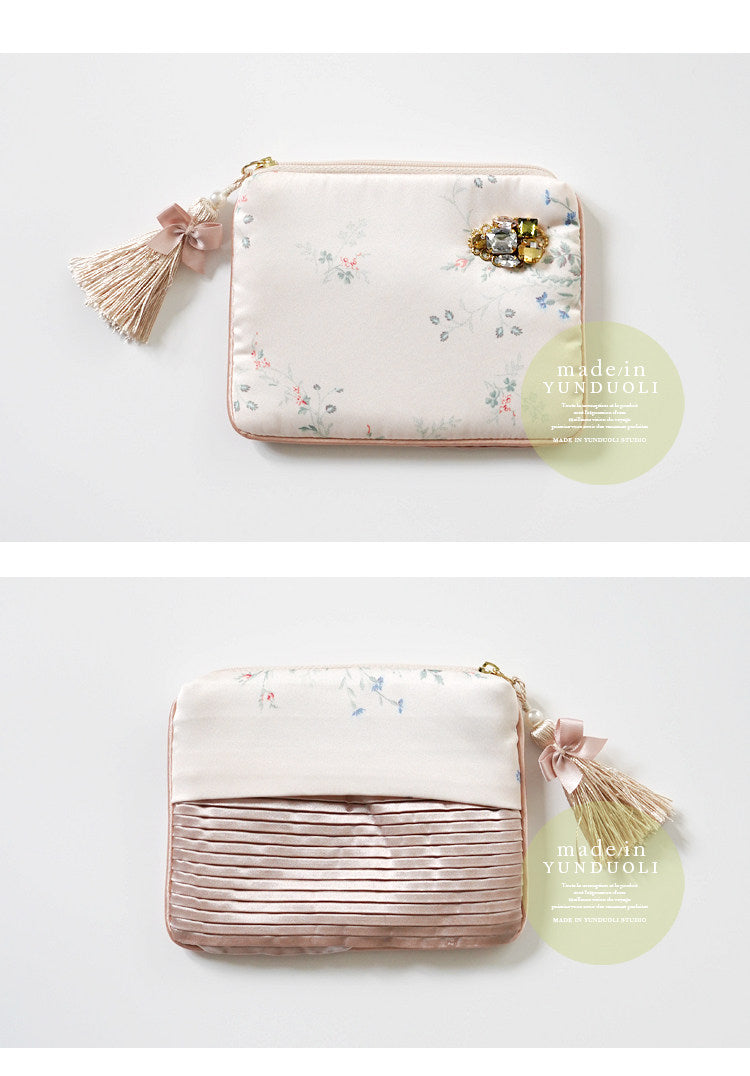 Elegant Silk-Like Cosmetic Bag with Floral Tassels & Rhinestones - Mouth Storage Design