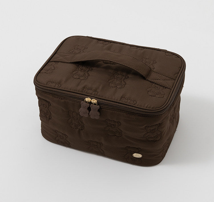 Cute Cartoon Bear Embroidery Handheld Makeup Bag 3D Square Compartmental Storage Bag