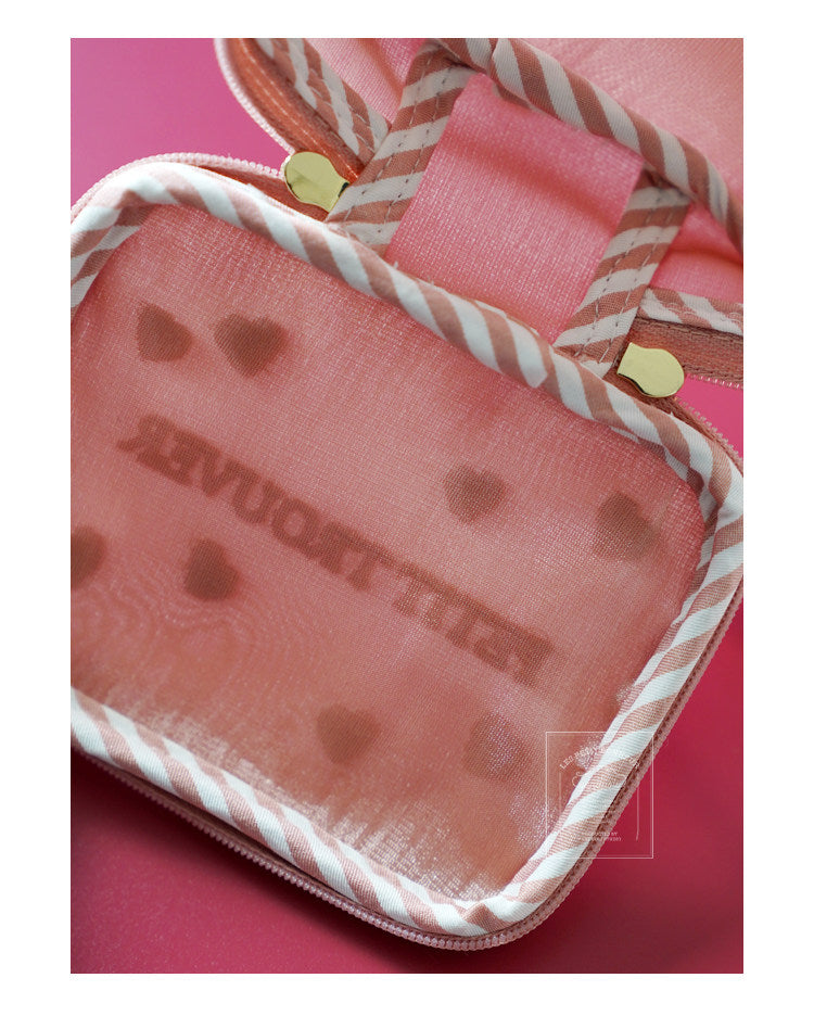 Sweet Fairycore Mesh Square Cosmetic Bag - Heart Embroidery Multi-Purpose Storage Bag