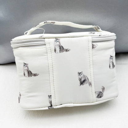 Aloof Cats & Cute Dogs Print Mini Handled Makeup Barrel Bag - Animal Print Organizer Pouch