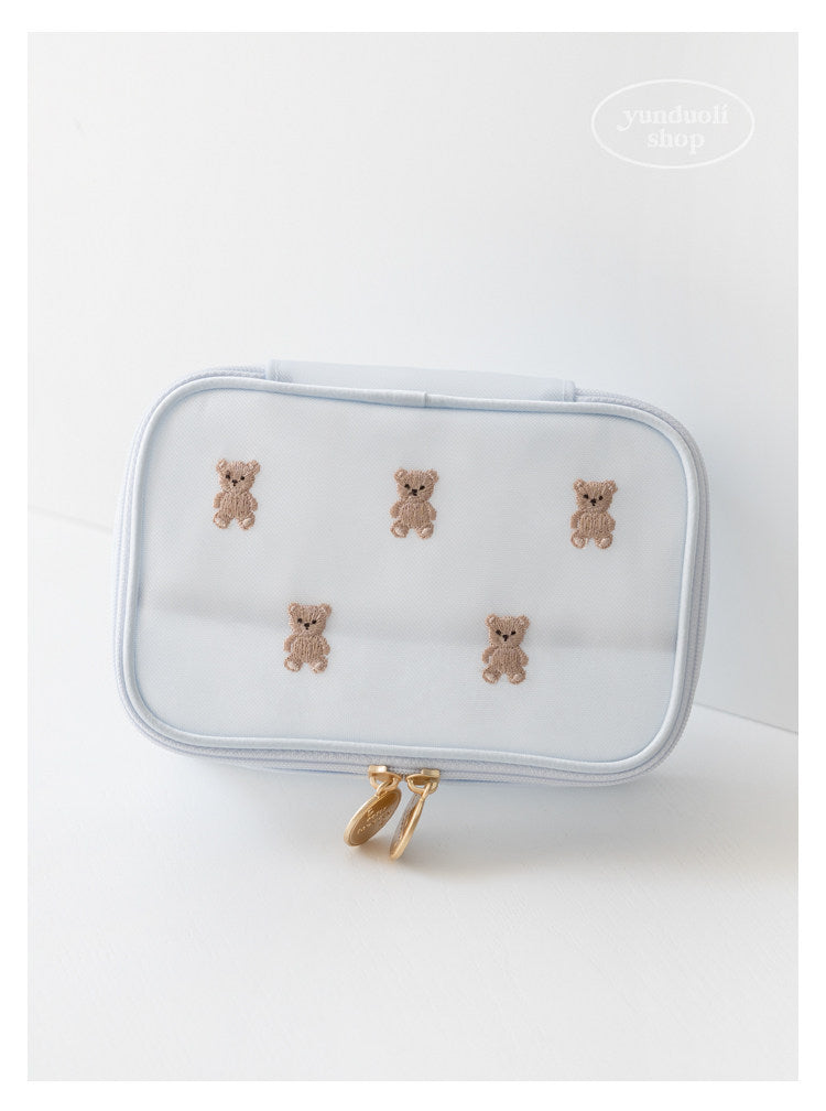 Cute Cartoon Giant Panda & Bear Embroidery Structured Mesh Small Square Bag | Cosmetic & Storage Pouch