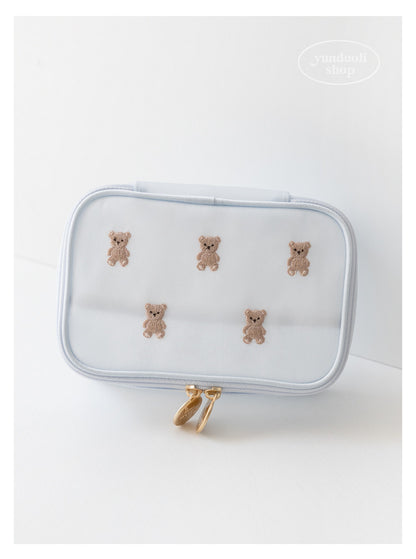 Cute Cartoon Giant Panda & Bear Embroidery Structured Mesh Small Square Bag | Cosmetic & Storage Pouch