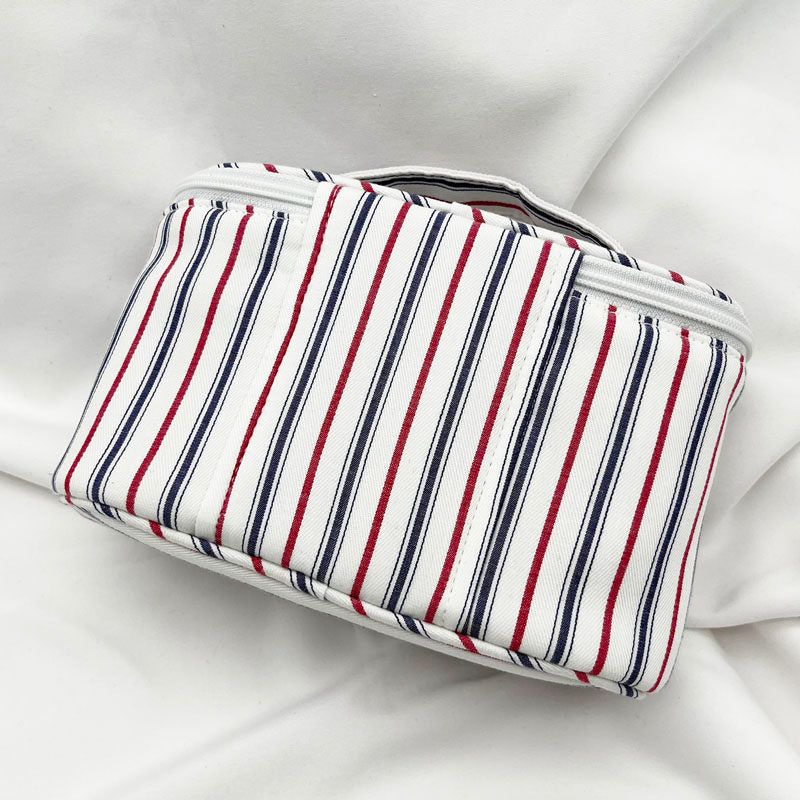 Fresh & Minimalist Mini Handled Makeup Pouch - Yarn-Dyed Stripe Cotton, Touch-Up & Organizer Bag