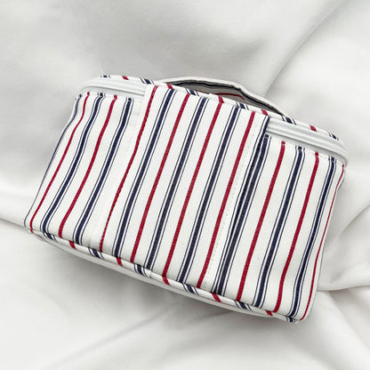 Fresh & Minimalist Mini Handled Makeup Pouch - Yarn-Dyed Stripe Cotton, Touch-Up & Organizer Bag