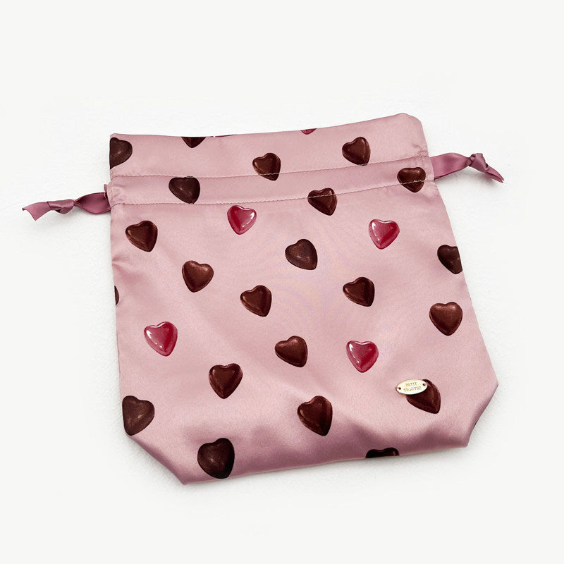 3-Size Pink Drawstring Storage Bag with Cute Chocolate Hearts - Sweet Gift & Organizer Pouch Set