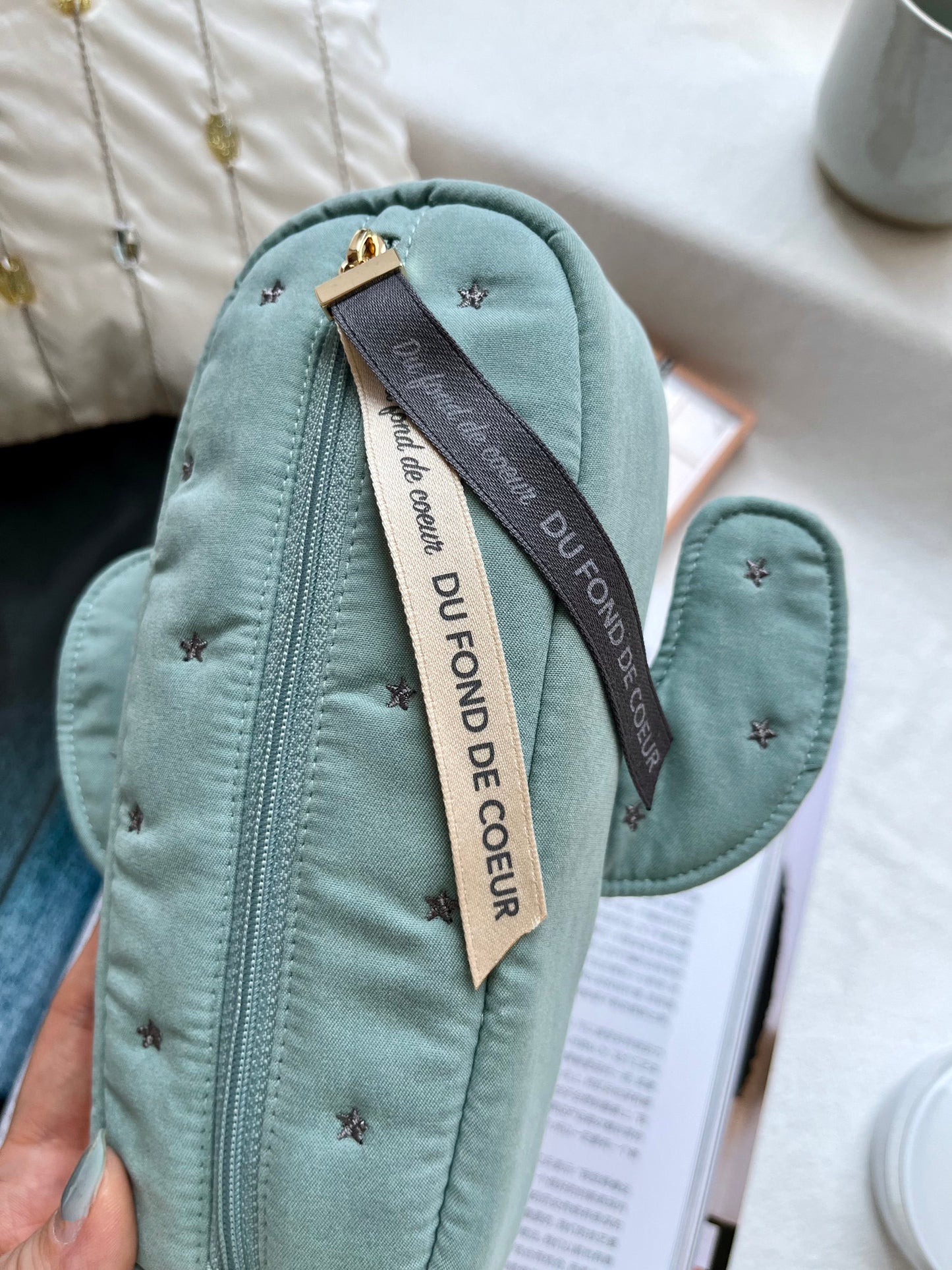 Petit Trouver Cactus Shaped Makeup Bag Ribbon Print Cosmetic Brush Pouch & Clutch