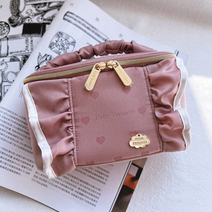 Fresh & Minimalist Solid Color Ruffle Barrel Bag - Top-Handle Small Makeup Pouch