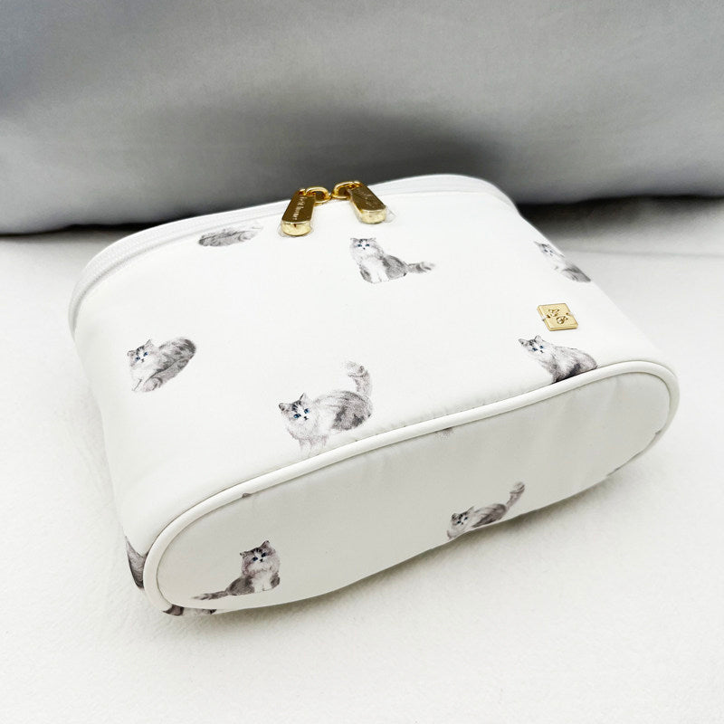 Aloof Cats & Cute Dogs Print Mini Handled Makeup Barrel Bag - Animal Print Organizer Pouch