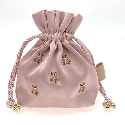 Adorable Healing Bear Embroidery Small Drawstring Pouch - Mini Organizer Bag for Trinkets