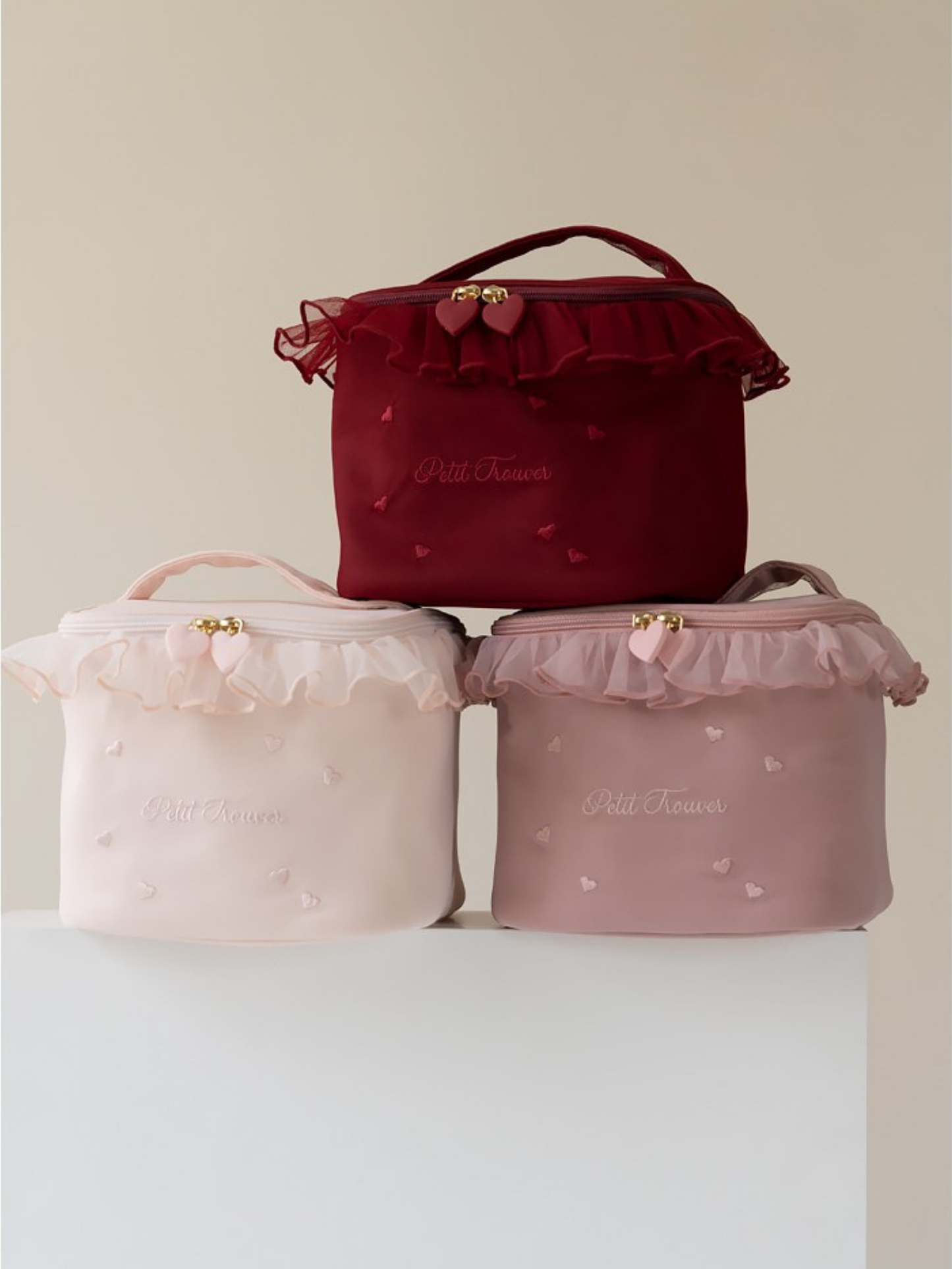 Petit Secret PETIT TROUVER Heart Embroidered Ruffle Makeup Bag Vanity Case