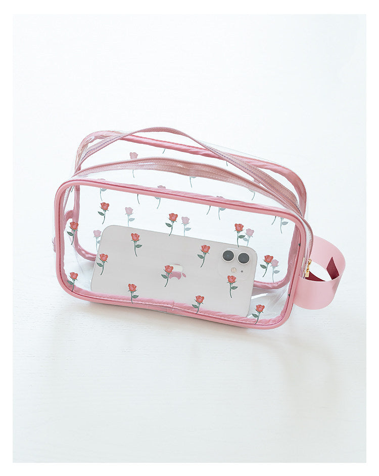 Sweet Lovely Rose Printed Clear Cosmetic Bag - Travel Essential for Makeup Organizing