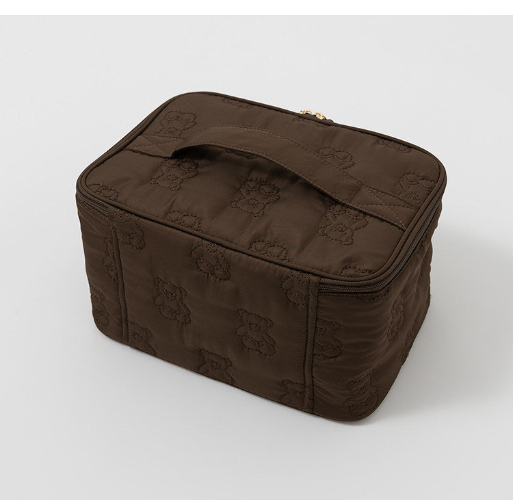 Cute Cartoon Bear Embroidery Handheld Makeup Bag 3D Square Compartmental Storage Bag