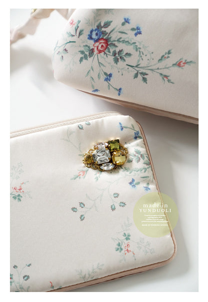 Elegant Silk-Like Cosmetic Bag with Floral Tassels & Rhinestones - Mouth Storage Design