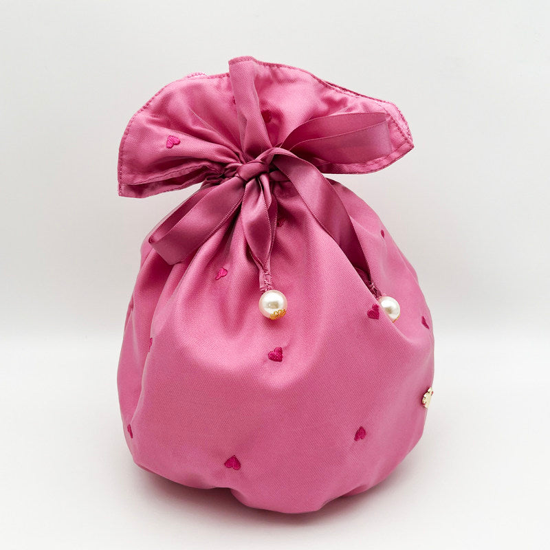 Embroidered Tiny Hearts Mesh Sweet Mini Drawstring Pouch - Travel Makeup & Small Items Organizer