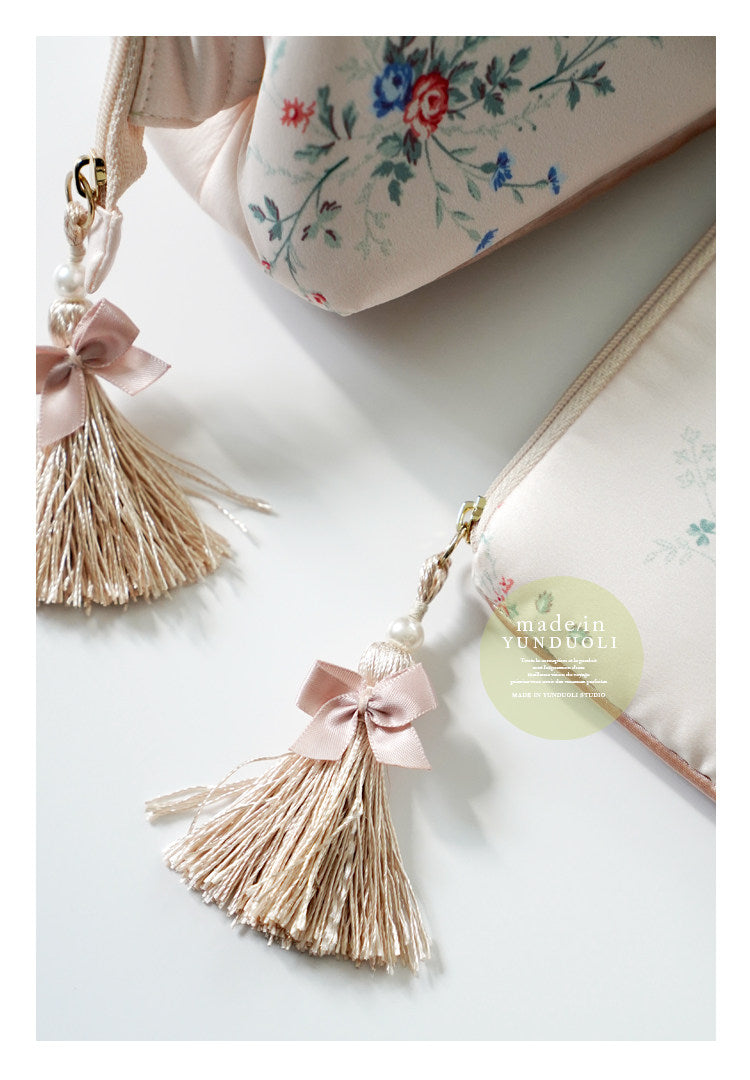 Elegant Silk-Like Cosmetic Bag with Floral Tassels & Rhinestones - Mouth Storage Design
