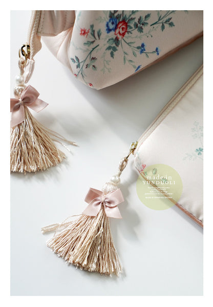 Elegant Silk-Like Cosmetic Bag with Floral Tassels & Rhinestones - Mouth Storage Design