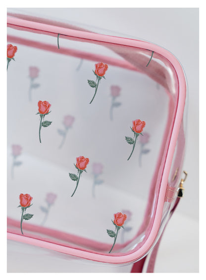Sweet Lovely Rose Printed Clear Cosmetic Bag - Travel Essential for Makeup Organizing