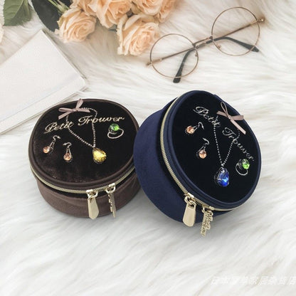 Glossy Velvet & Rhinestone Round Jewelry Box - Portable Mini Travel Case for Rings and Earrings