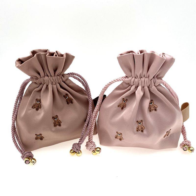 Adorable Healing Bear Embroidery Small Drawstring Pouch - Mini Organizer Bag for Trinkets