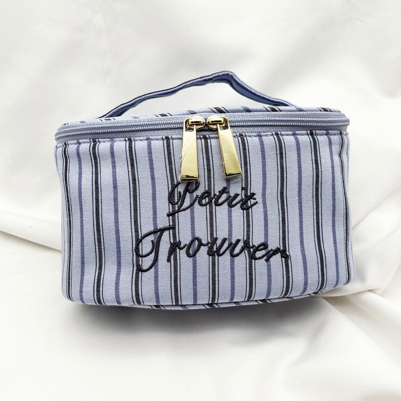 Fresh & Minimalist Mini Handled Makeup Pouch - Yarn-Dyed Stripe Cotton, Touch-Up & Organizer Bag