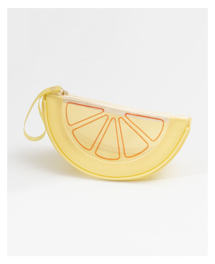 Fresh Minimalist Cartoon Fruit Shaped Semicircular Cosmetic Bag - Cute Watermelon & Pomelo Themed Makeup Pouch