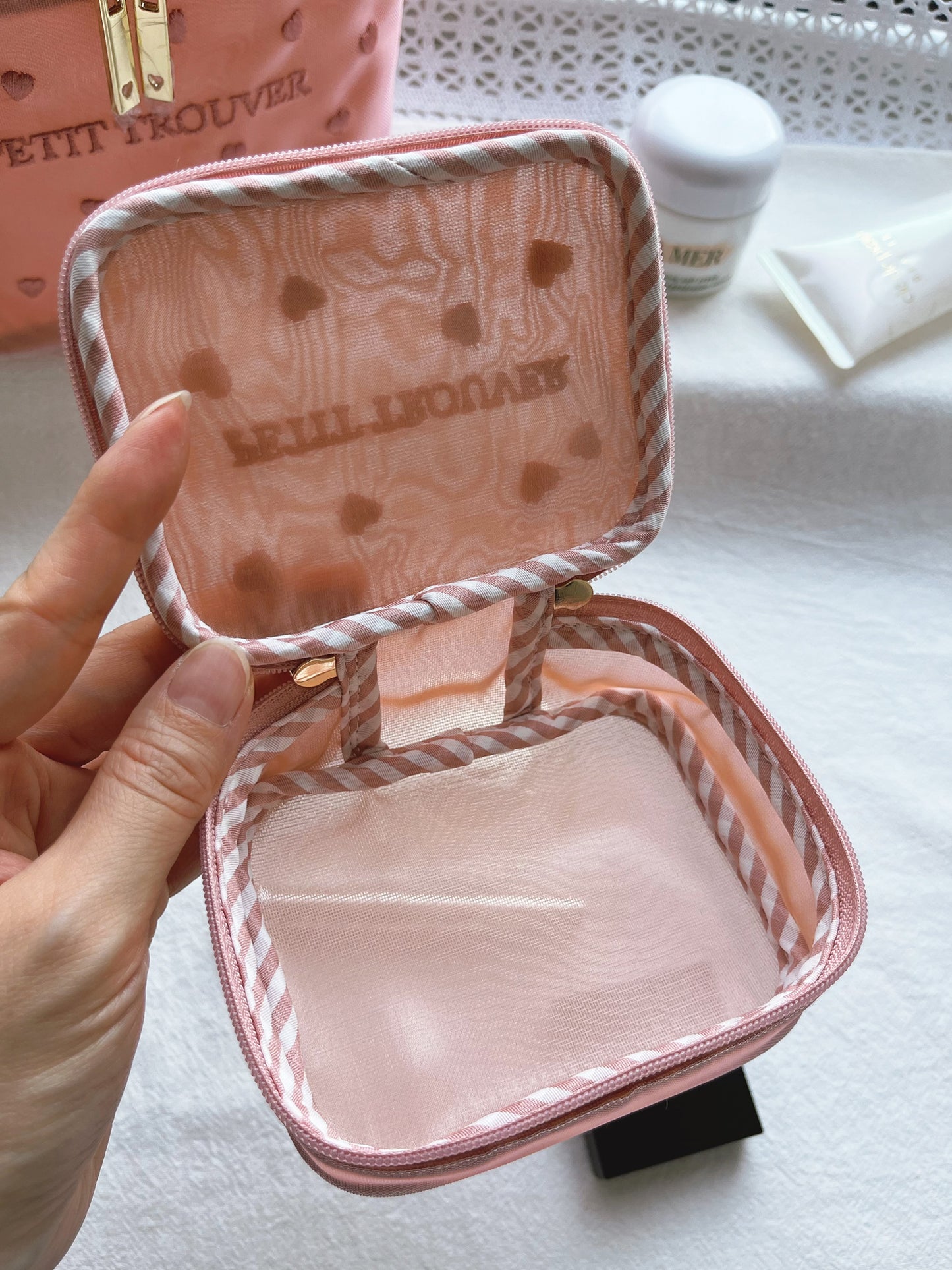 Petit Secret PETIT TROUVER Embroidered Hearts Travel Case Makeup Bag