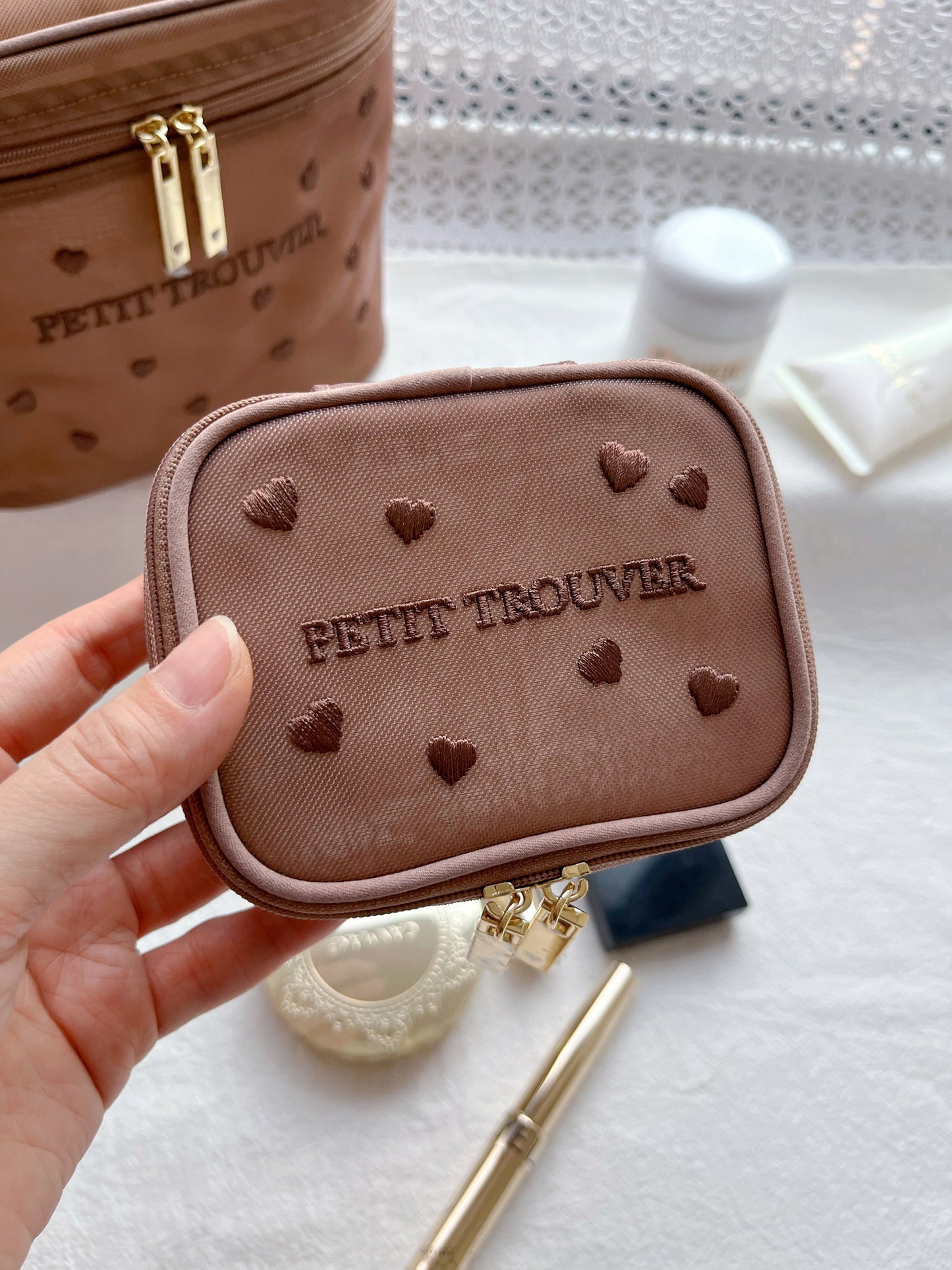 Petit Secret PETIT TROUVER Embroidered Hearts Travel Case Makeup Bag