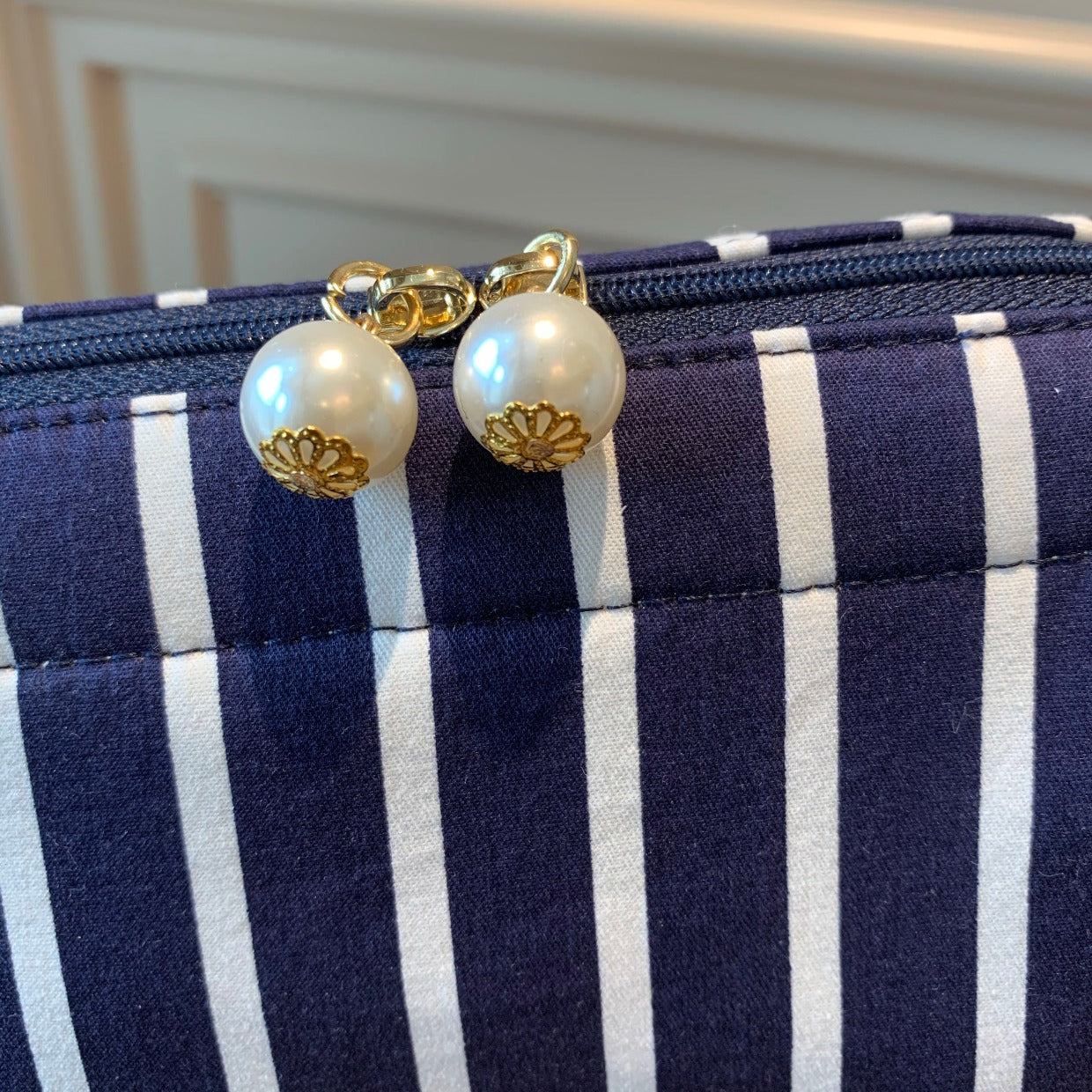 Petit Secret Navy Stripe Pearl Clasp Makeup Pouch