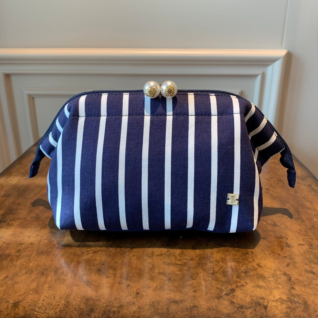 Petit Secret Navy Stripe Pearl Clasp Makeup Pouch