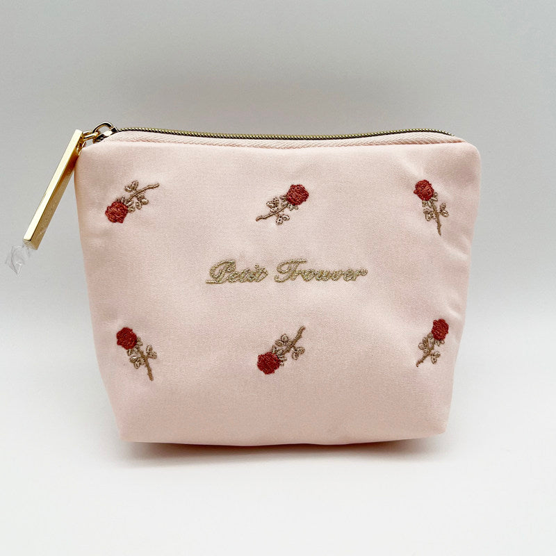 PETIT TROUVER Sweet Rose Embroidery Mini Makeup Pouch - Lipstick, Cosmetics & Essentials Organizer