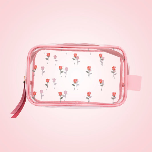 Sweet Lovely Rose Printed Clear Cosmetic Bag - Travel Essential for Makeup Organizing