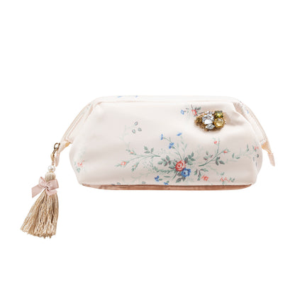 Elegant Silk-Like Cosmetic Bag with Floral Tassels & Rhinestones - Mouth Storage Design